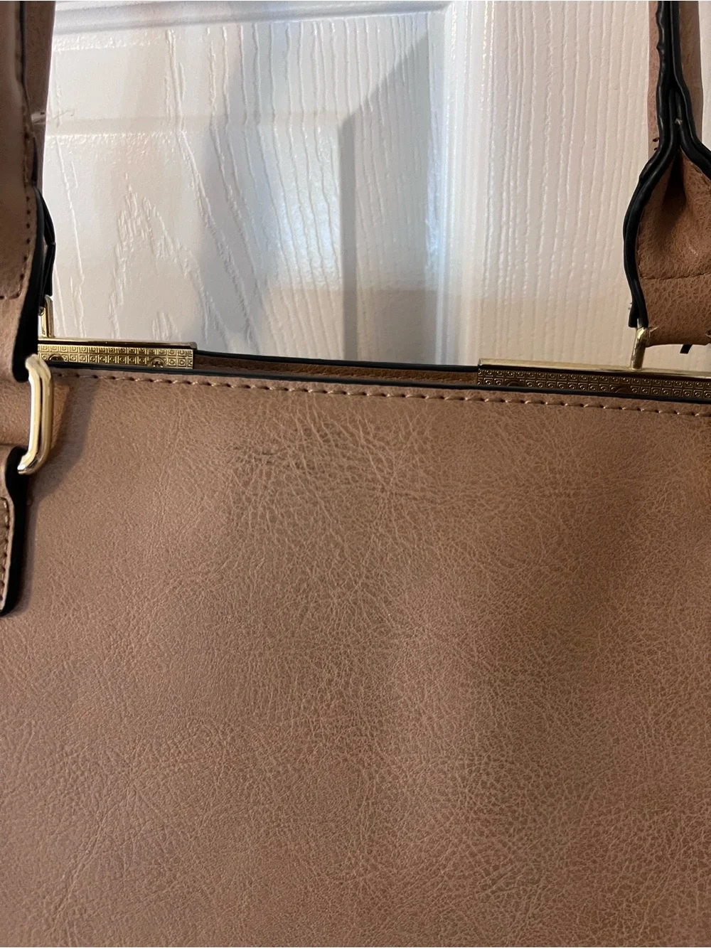Adrienne Vittadini Taupe and Cream Shoulder Tote with Pom Charm Tan Work Bag